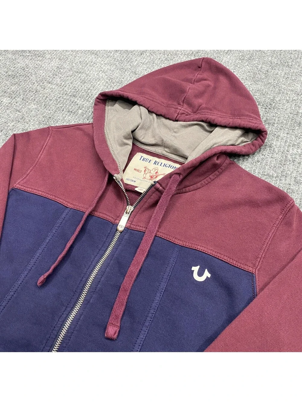 True Religion Full Zip Hoodie Mens S Blue Maroon Colorblock Drawstring Pockets